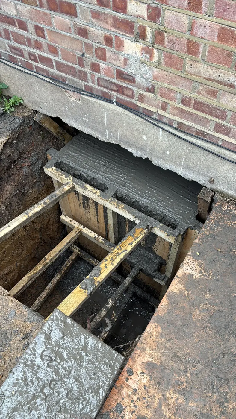 Concrete foundations being formed and poured beside an existing property